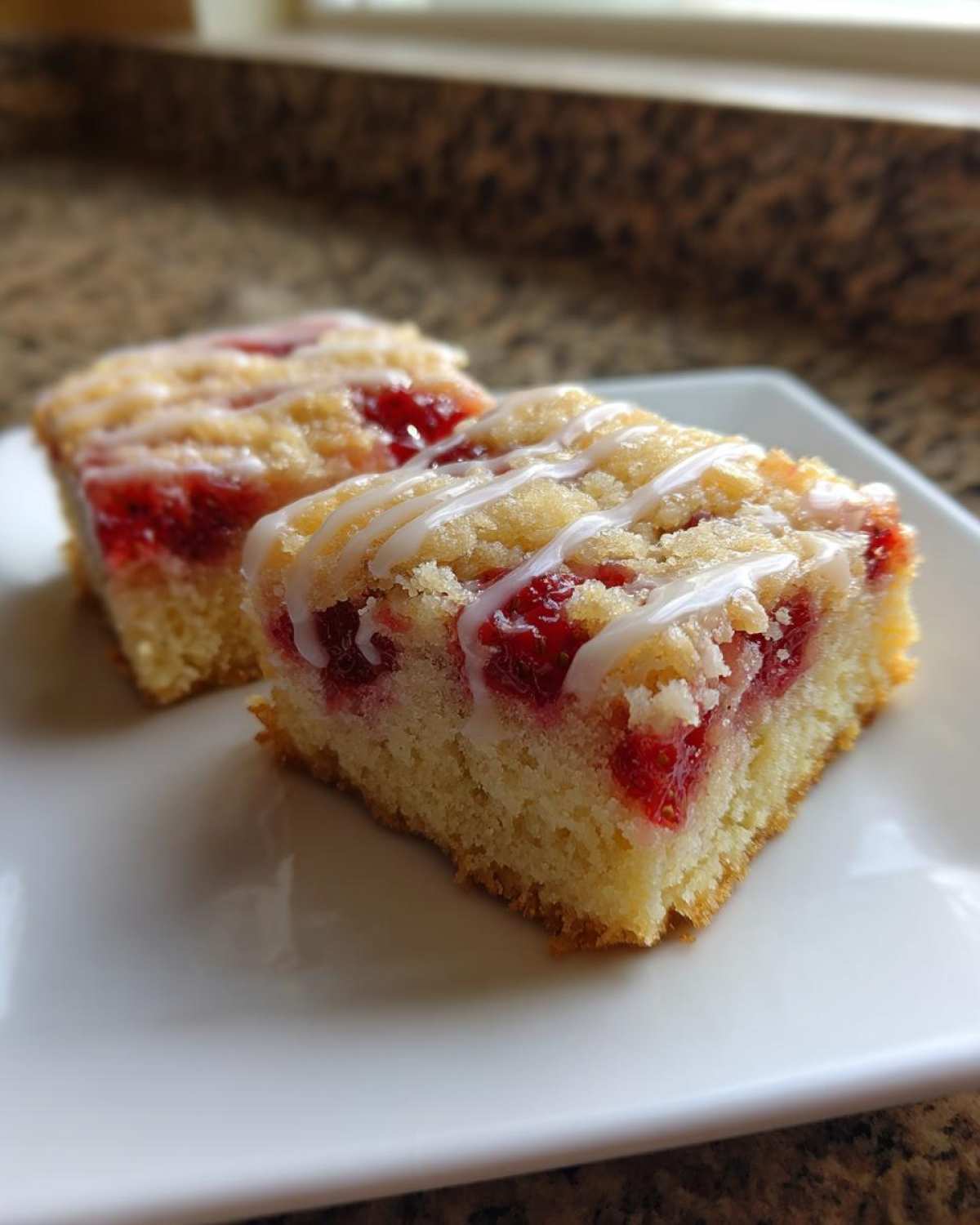Two squares of moist Strawberry Shortcake Bars with visible strawberry filling and a white icing drizzle on a white plate.
