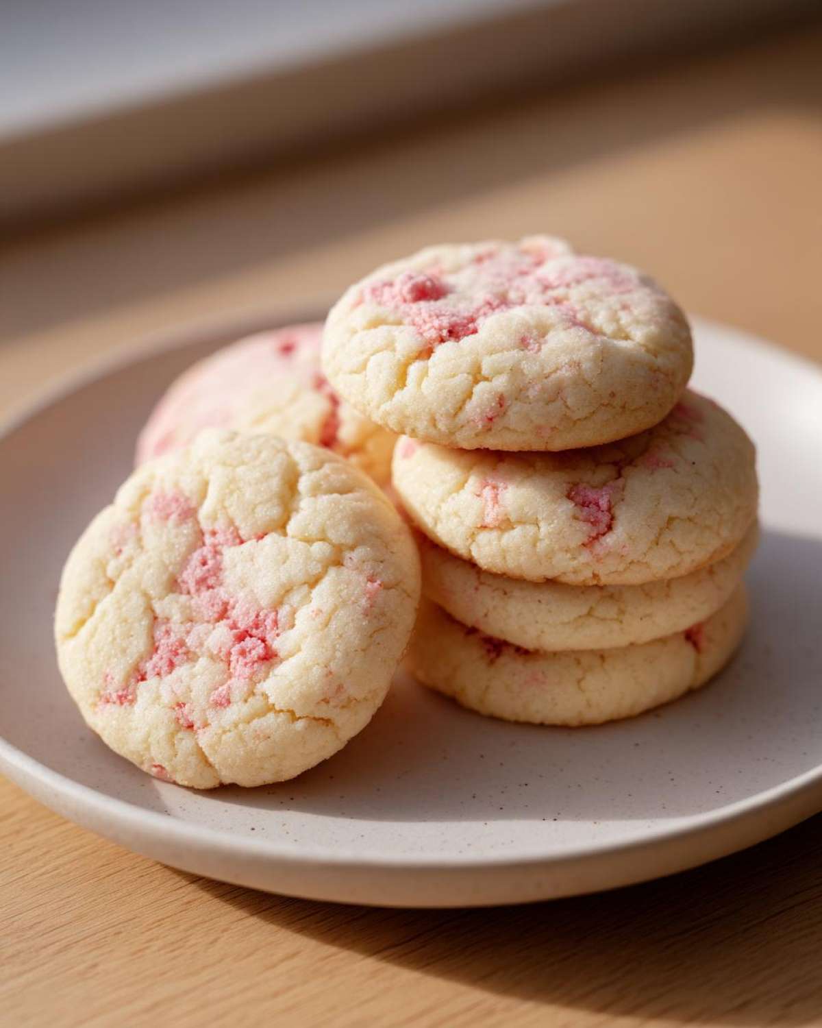 A stack of soft, round Strawberry Shortcake Butter Cookies with pink swirls, resting on a speckled white plate.