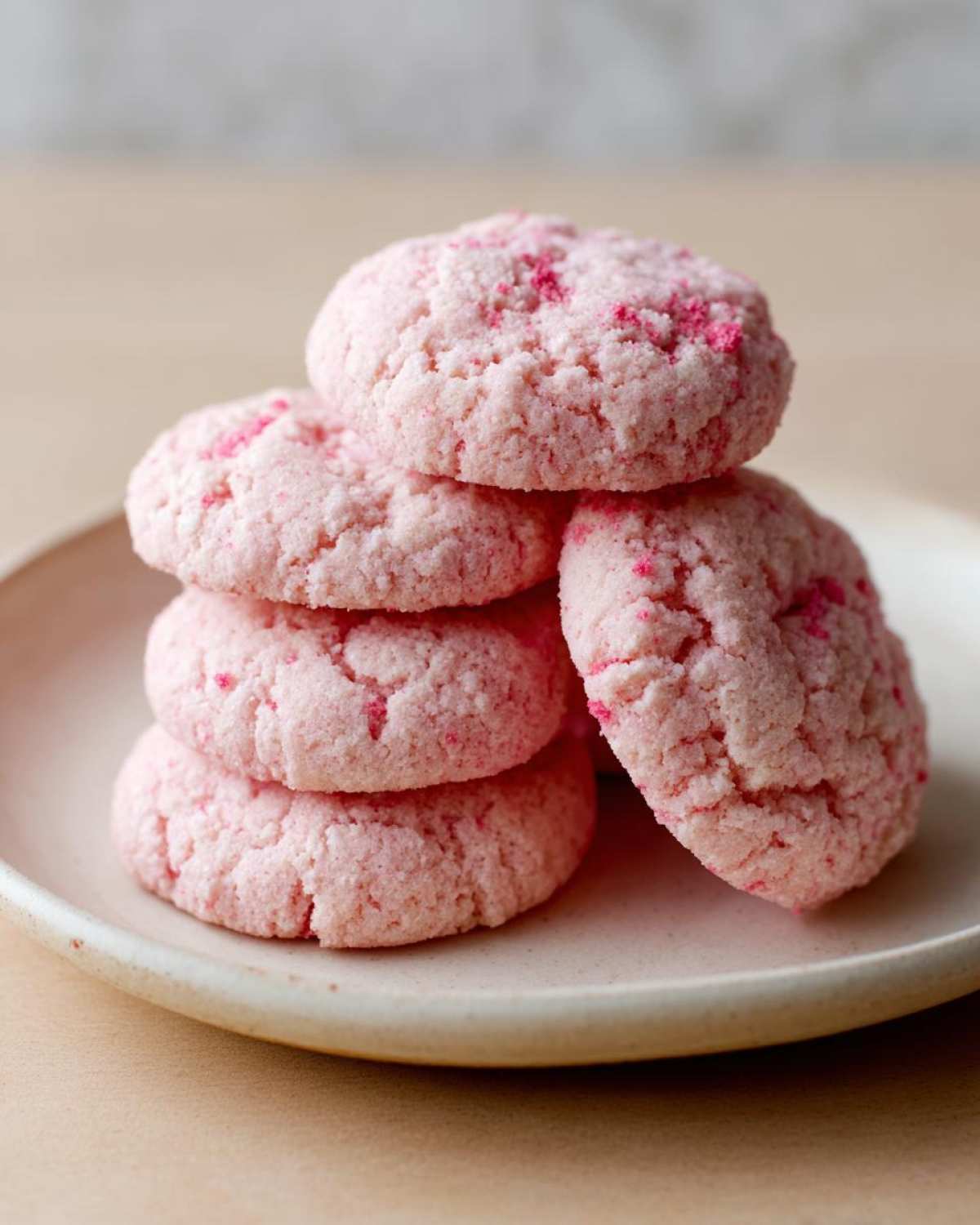 A stack of four pink Strawberry Shortcake Butter Cookies with visible red specks, resting on a light ceramic plate.