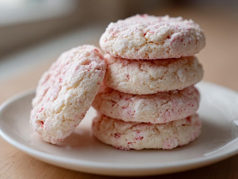A stack of four soft, white Strawberry Shortcake Butter Cookies with pink flecks on a white plate.