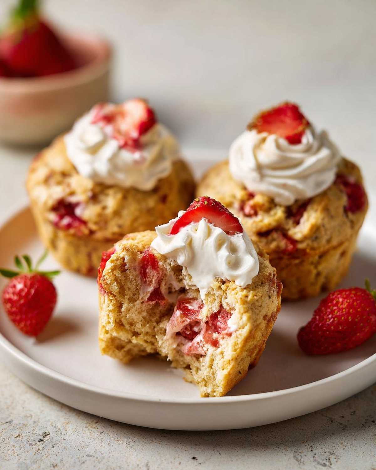 A close-up of Strawberry Shortcake Muffins, one of which is bitten to show the strawberry filling, topped with whipped cream.