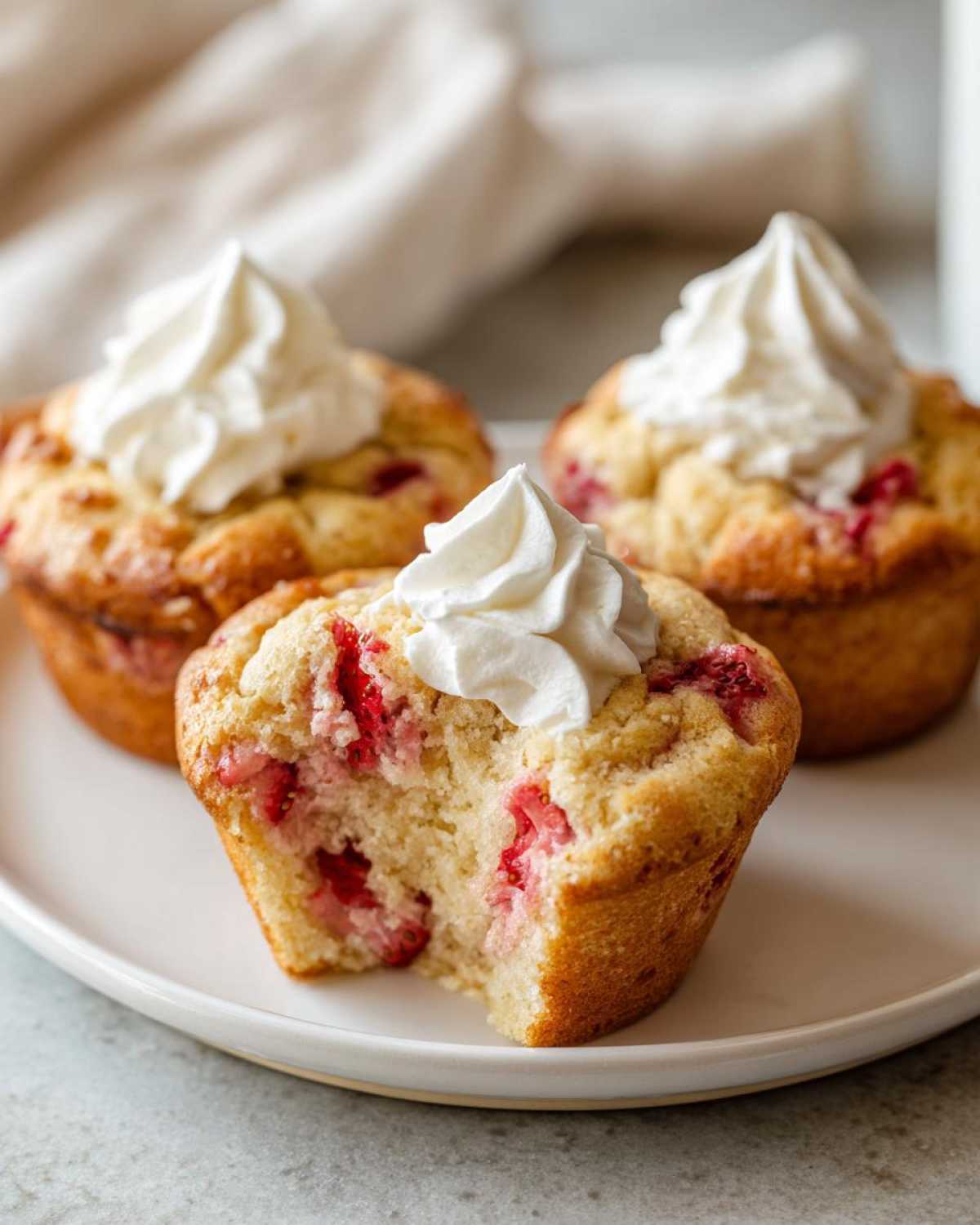 Three freshly baked Strawberry Shortcake Muffins topped with whipped cream, one muffin is bitten into showing the strawberry filling.