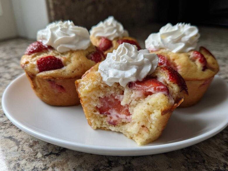 A close-up of several Strawberry Shortcake Muffins topped with whipped cream, one muffin is broken open showing the strawberry filling.