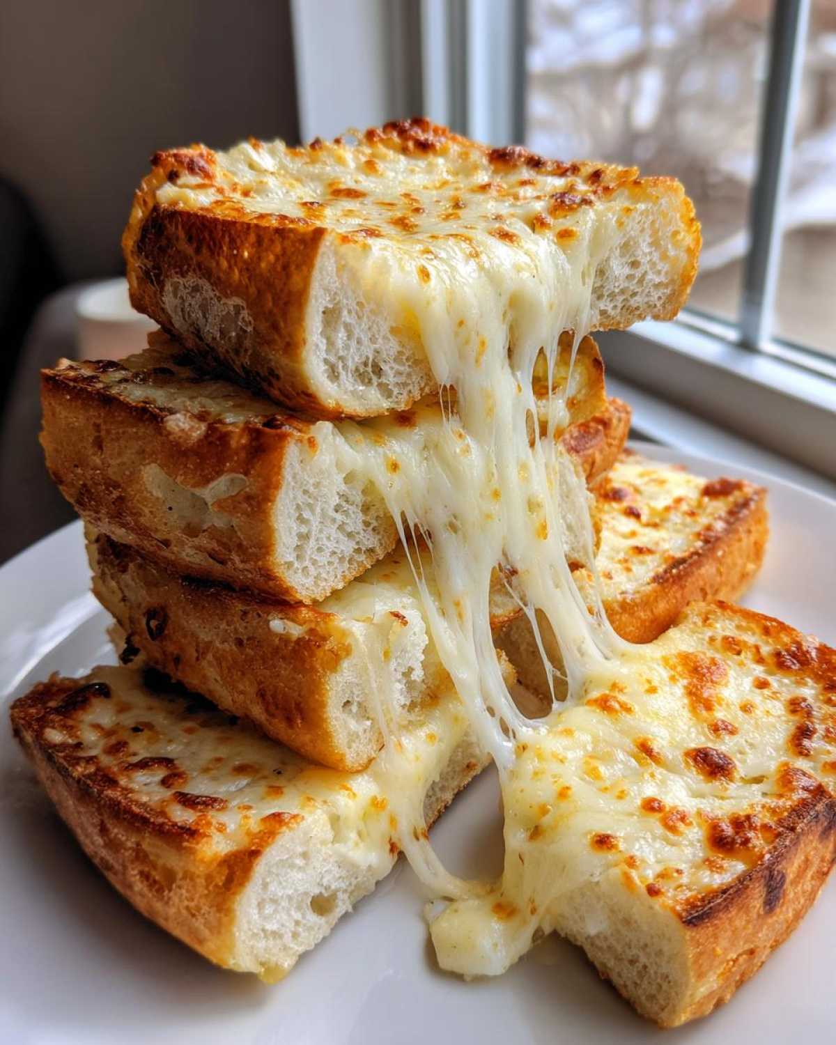 A stack of Buttery Garlic Bread With Cheese slices showing extreme cheese pull.