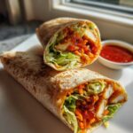 Two halves of Sweet Chili Crispy Chicken Wraps filled with crispy chicken, lettuce, and carrots, served with extra sauce.
