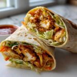 Two halves of Sweet Chili Crispy Chicken Wraps filled with chicken, lettuce, and carrots, served with a side of sauce.