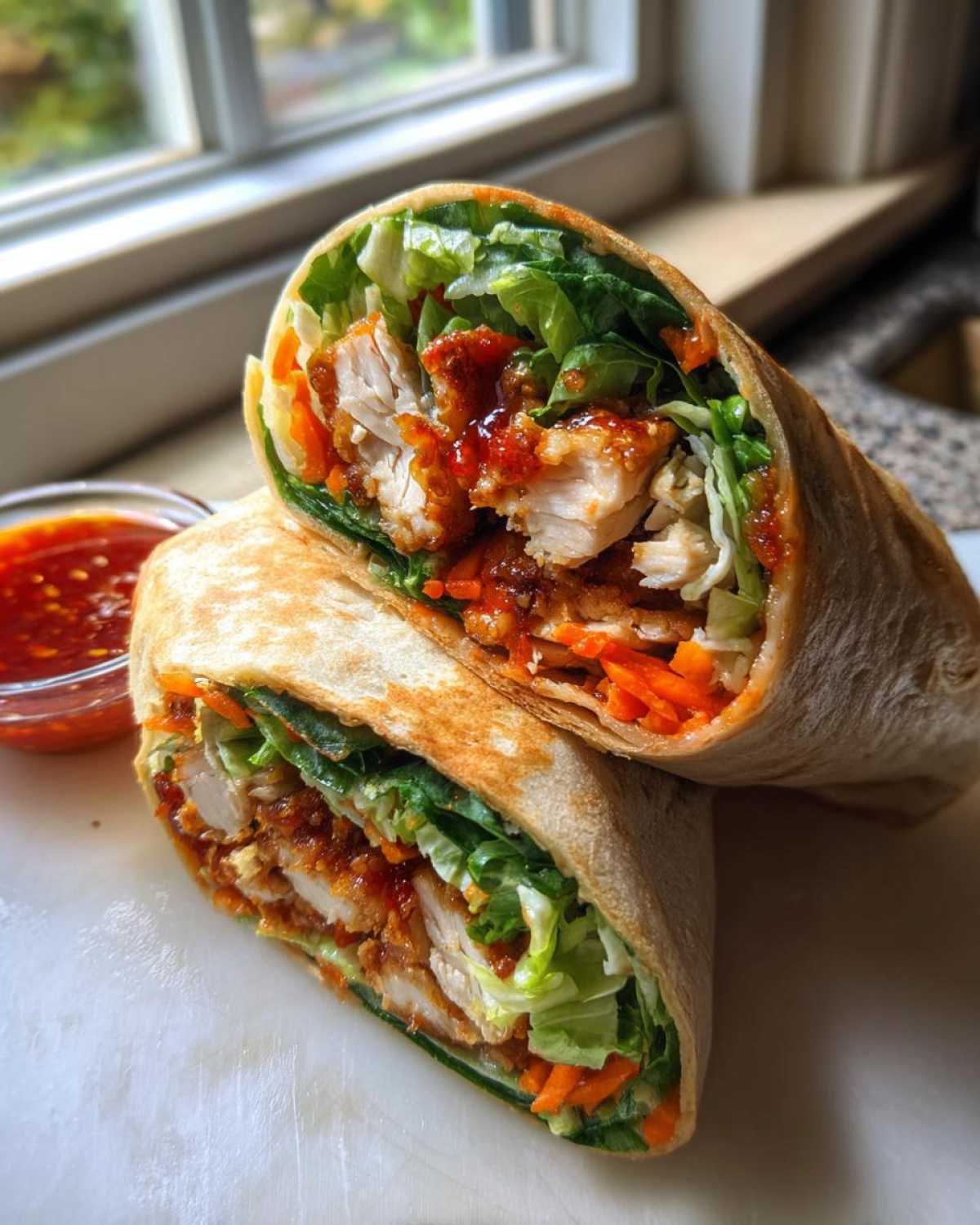 Two halves of a Sweet Chili Crispy Chicken Wraps showing crispy chicken, lettuce, carrots, and sweet chili sauce.