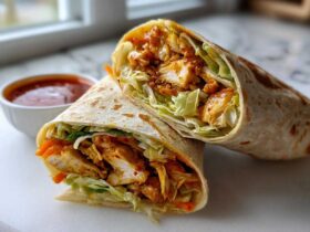 Two halves of Sweet Chili Crispy Chicken Wraps filled with chicken, lettuce, and carrots, served with a side of sauce.