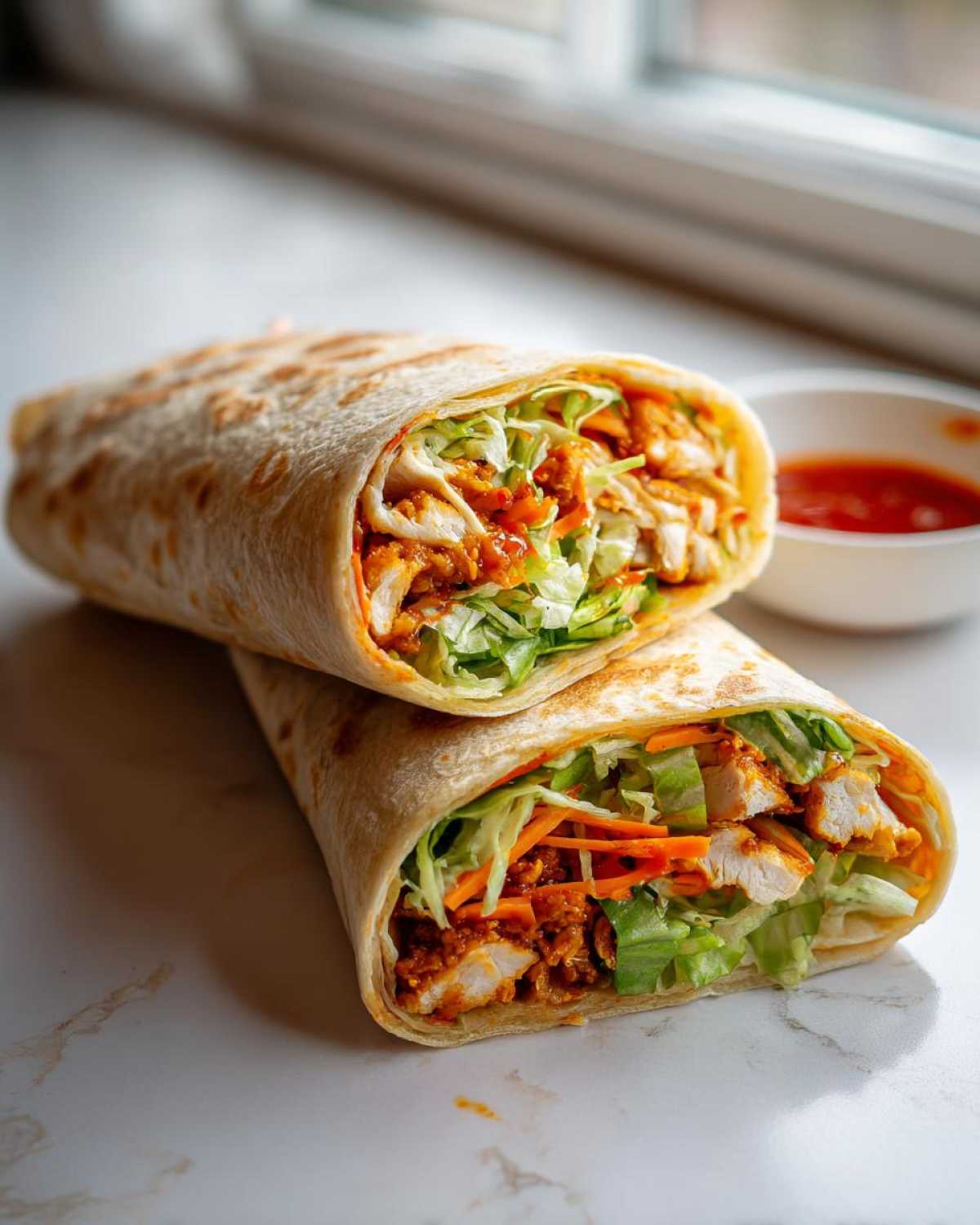 Two halves of Sweet Chili Crispy Chicken Wraps stacked, showing crispy chicken, lettuce, and carrots inside.