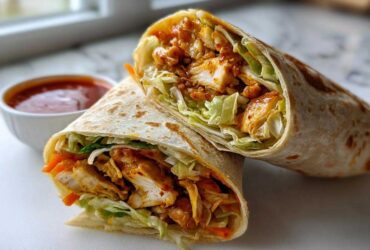 Two halves of Sweet Chili Crispy Chicken Wraps filled with chicken, lettuce, and carrots, served with a side of sauce.