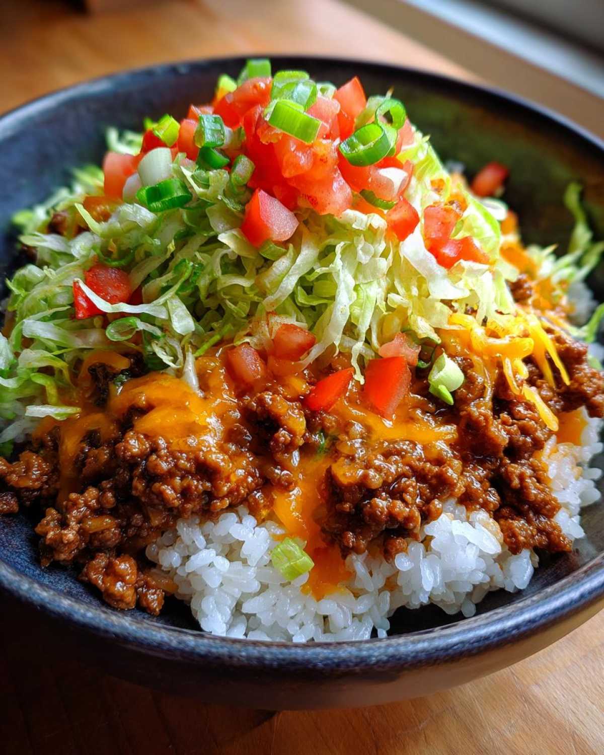 Close-up of a hearty bowl of Taco Rice featuring seasoned ground beef, melted cheese, shredded lettuce, diced tomatoes, and green onions over white rice.
