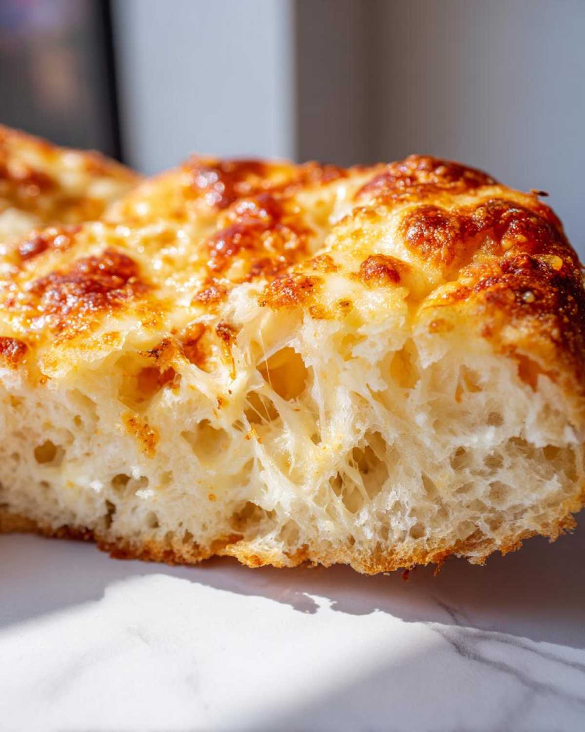Extreme close-up showing the airy interior and melted, browned cheese topping of Tasty Garlic Bread With Cheese.