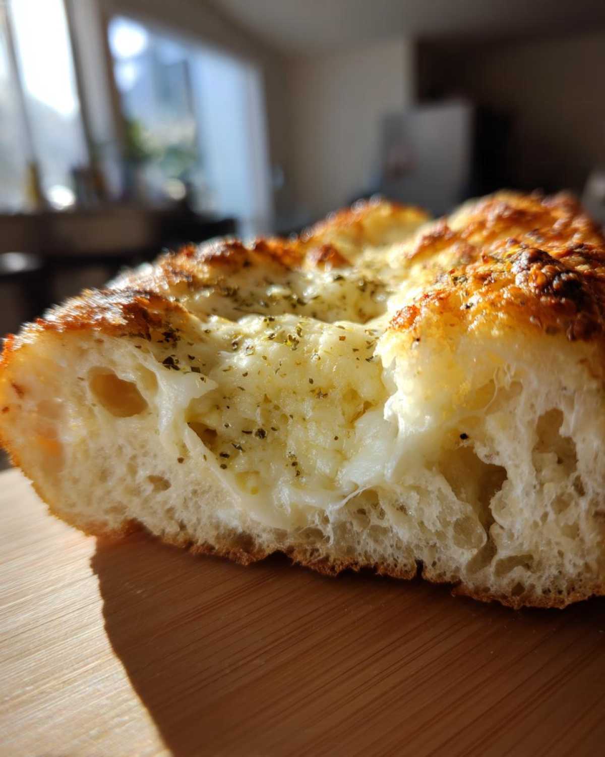A close-up cross-section of incredibly cheesy and fluffy Tasty Garlic Bread With Cheese, showing melted cheese pockets and herbs.