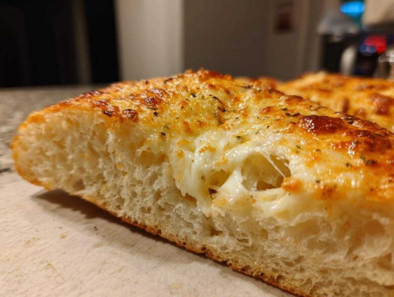 Cross-section view of a slice of Tasty Garlic Bread With Cheese showing melted, stretchy mozzarella and a golden, herb-topped crust.