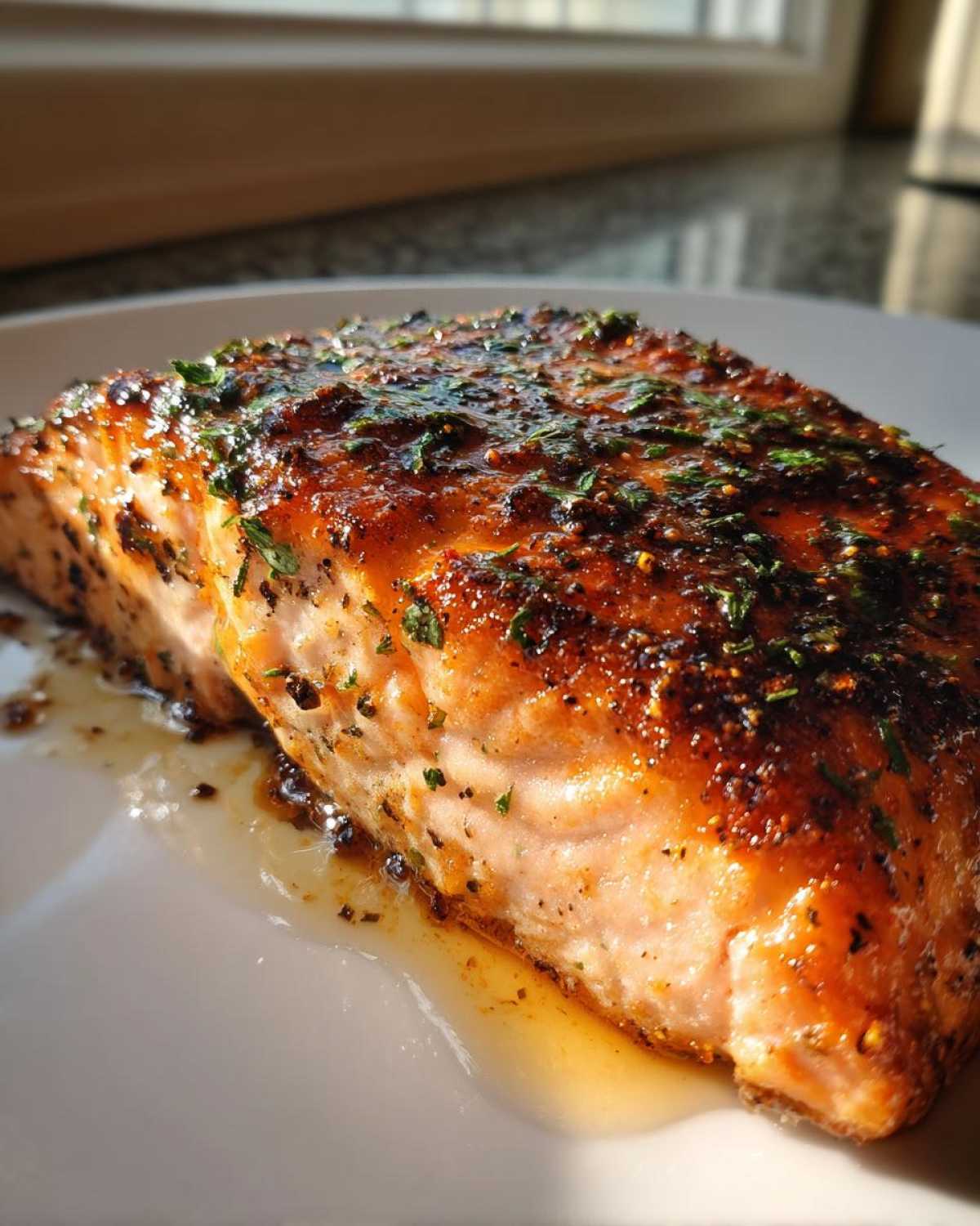 Close-up of a perfectly cooked Texas Roadhouse Salmon Copycat fillet with a shiny glaze and fresh parsley.