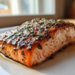 Close-up of a perfectly cooked Texas Roadhouse Salmon Copycat fillet with a glossy, herb-crusted top.