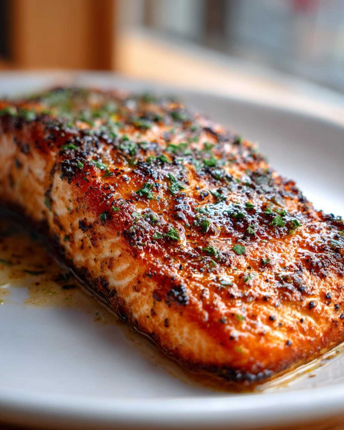 Close-up of a beautifully glazed and seasoned fillet of Texas Roadhouse Salmon Copycat recipe.