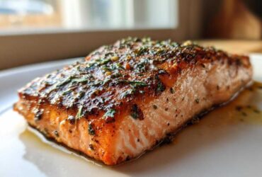 Close-up of a perfectly cooked Texas Roadhouse Salmon Copycat fillet with a glossy, herb-crusted top.