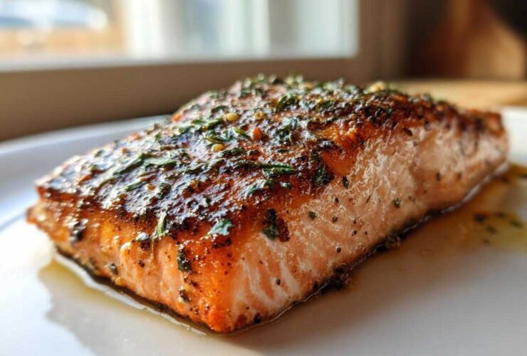 Close-up of a perfectly cooked Texas Roadhouse Salmon Copycat fillet with a glossy, herb-crusted top.