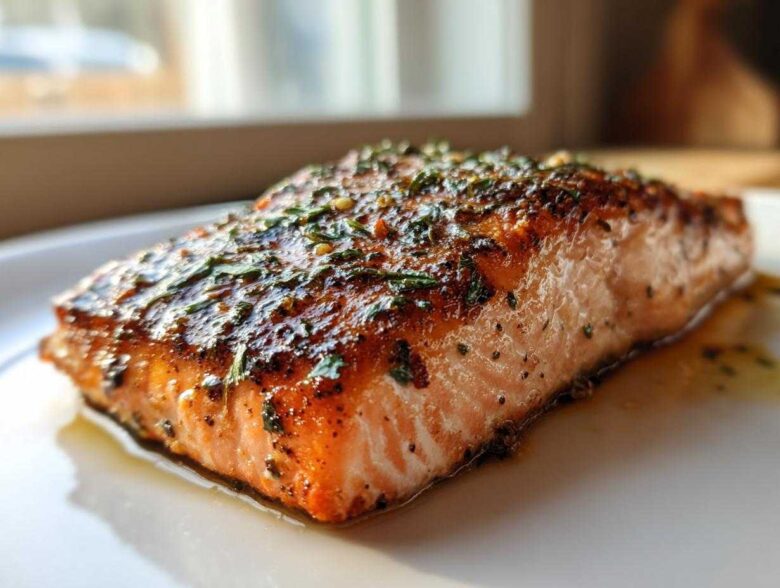 Close-up of a perfectly cooked Texas Roadhouse Salmon Copycat fillet with a glossy, herb-crusted top.