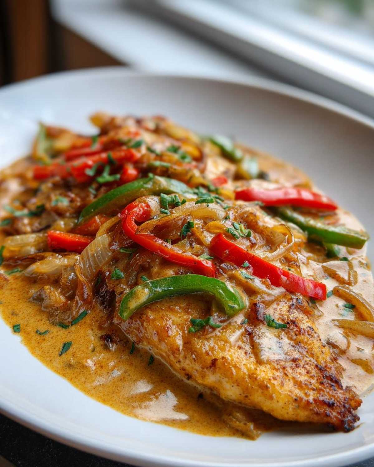 Close-up of a perfectly cooked Tilapia in Pepper Sauce, topped with sautéed onions and sliced red and green bell peppers.