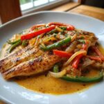 A perfectly seared fillet of Tilapia in Pepper Sauce, topped with sautéed onions and colorful bell pepper strips.