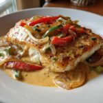 A perfectly seared fillet of Tilapia in Pepper Sauce, topped with sautéed red and green bell peppers and onions.