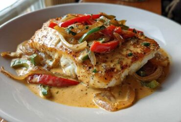 A perfectly seared fillet of Tilapia in Pepper Sauce, topped with sautéed red and green bell peppers and onions.