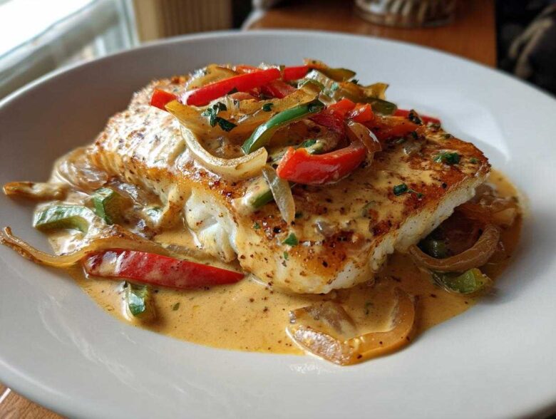A perfectly seared fillet of Tilapia in Pepper Sauce, topped with sautéed red and green bell peppers and onions.