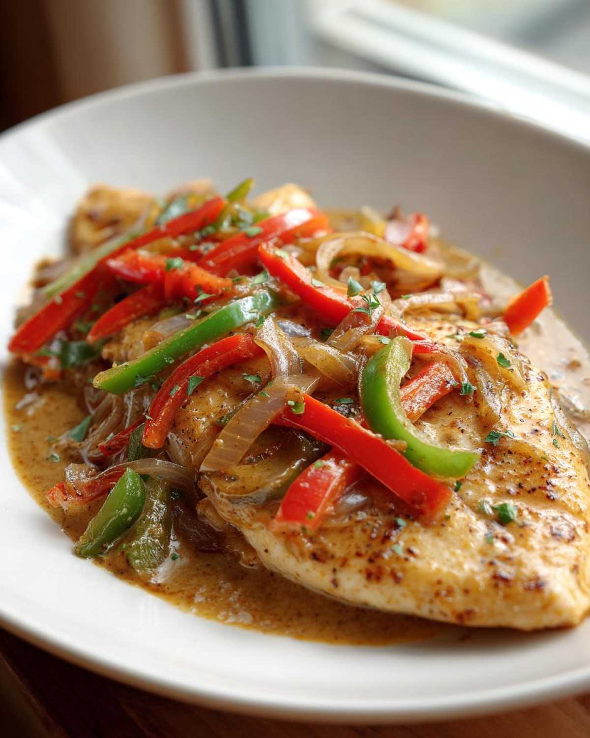 A perfectly seared fillet of Tilapia in Pepper Sauce, topped with sautéed red and green bell peppers and onions.