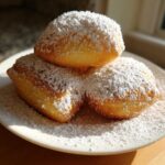 Three golden brown Vanilla French Beignets generously dusted with powdered sugar, stacked on a white plate.