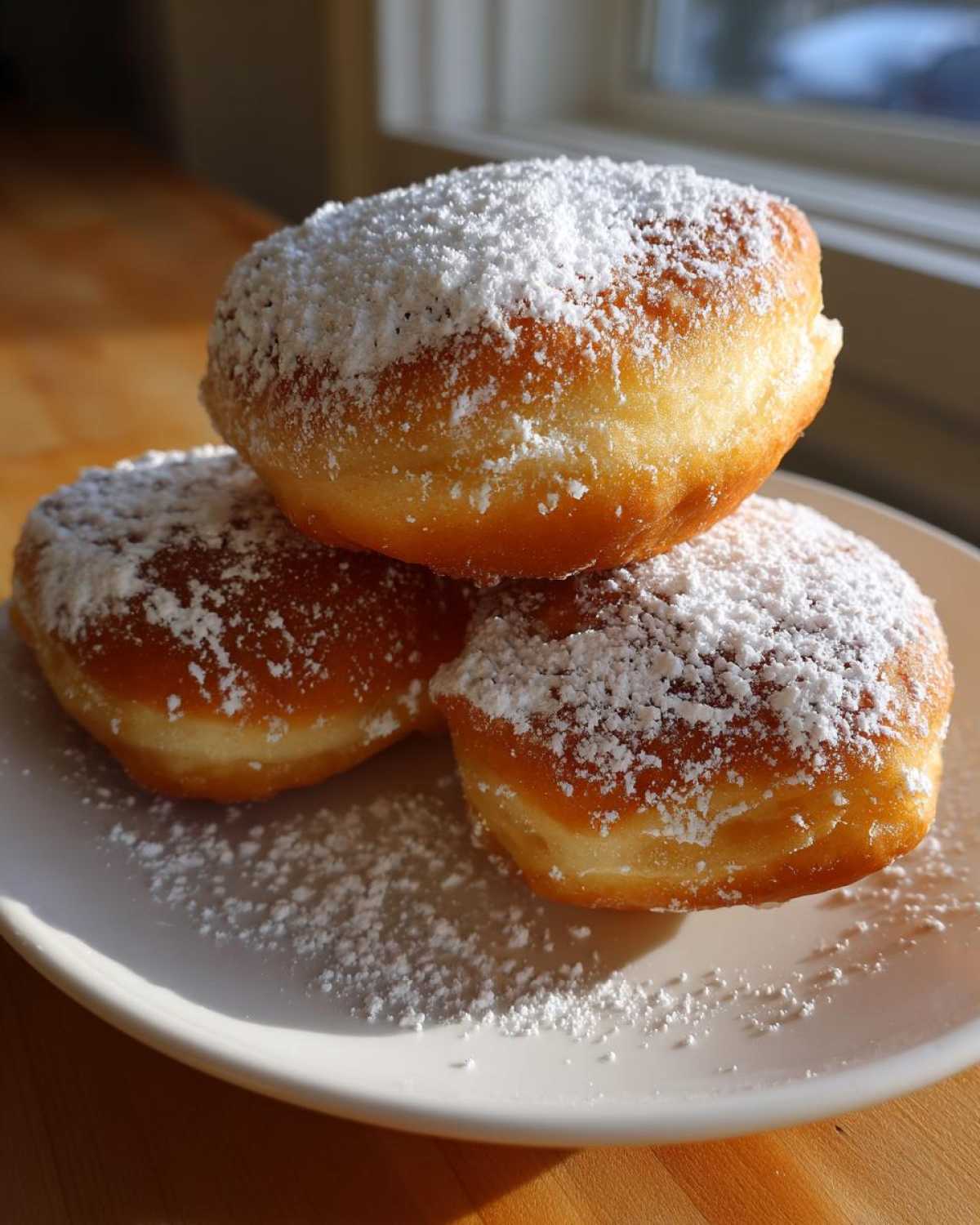 Three golden-brown Vanilla French Beignets generously dusted with powdered sugar, stacked on a white plate.