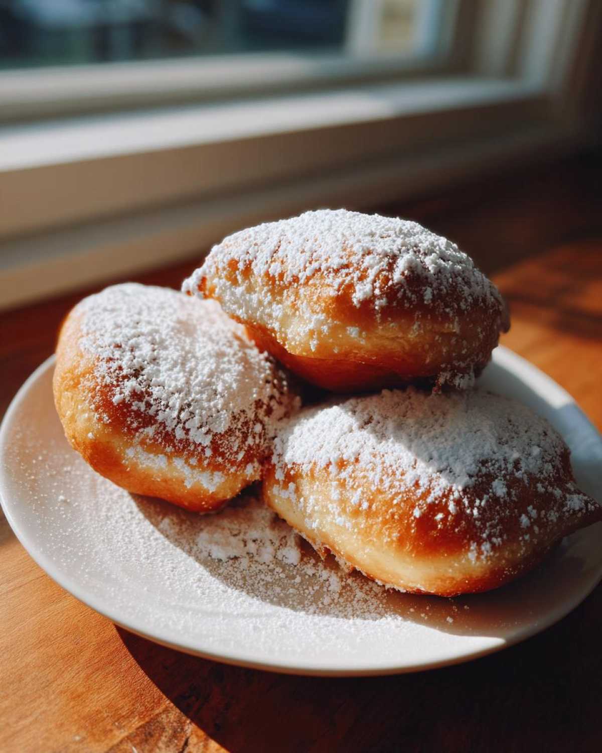 Three golden-brown Vanilla French Beignets heavily dusted with powdered sugar, resting on a white plate.