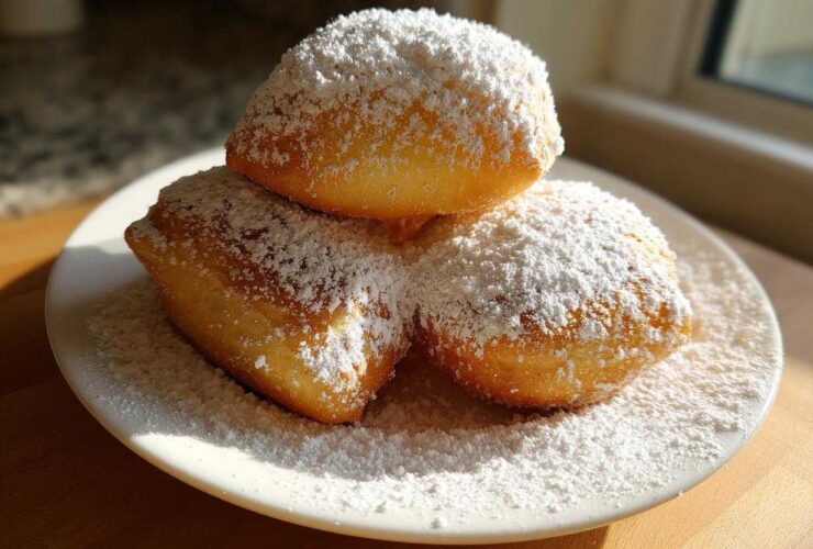 Three golden brown Vanilla French Beignets generously dusted with powdered sugar, stacked on a white plate.