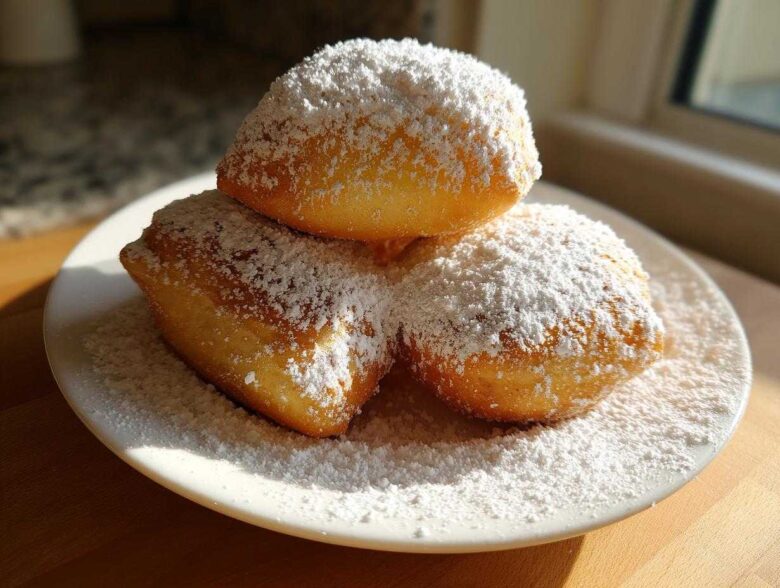 Three golden brown Vanilla French Beignets generously dusted with powdered sugar, stacked on a white plate.