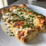 Three baked White Chicken Enchiladas smothered in creamy white sauce and melted cheese, topped with fresh parsley.