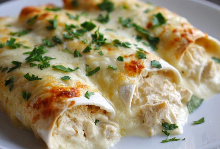 Close-up of two White Chicken Enchiladas with Creamy White Sauce, topped with melted, slightly browned cheese and fresh parsley.