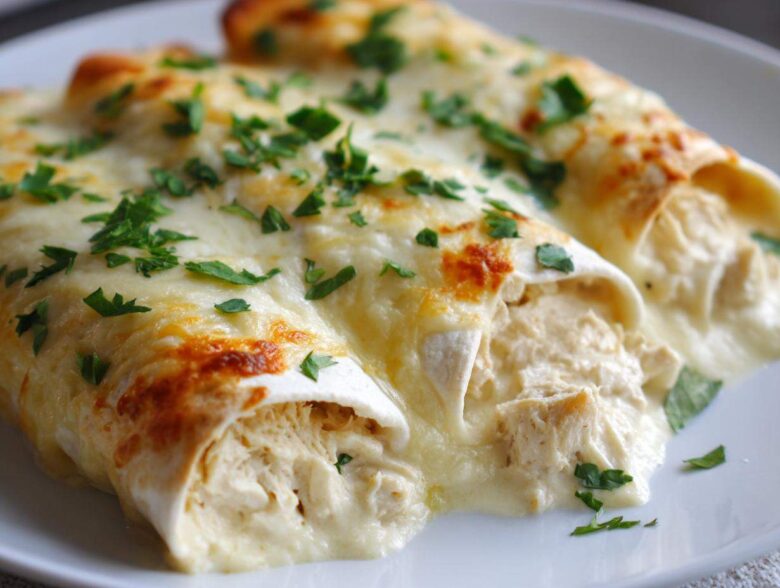 Close-up of two White Chicken Enchiladas with Creamy White Sauce, topped with melted, slightly browned cheese and fresh parsley.